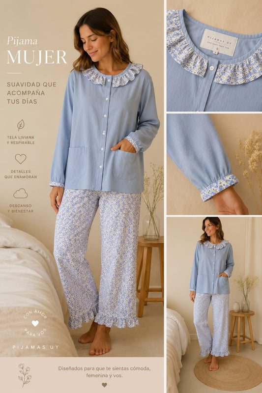 Conjunto Pijama Celeste con Flores